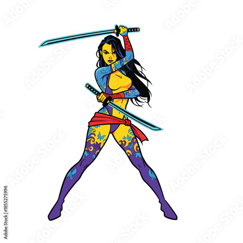 Yellow Skinned Warrior Woman Holding Dual Katanas Fantasy Action Vector