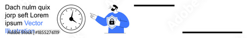 Data security, time management, cybersecurity systems, schedule tracking, privacy protection, online safety. Person pointing to a clock with a shield and a lock. Data security and time management