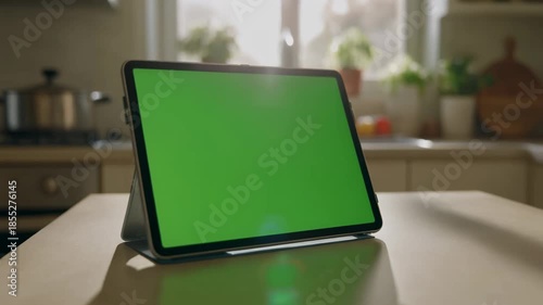 Tablet with Green Screen Propped on Kitchen Counter