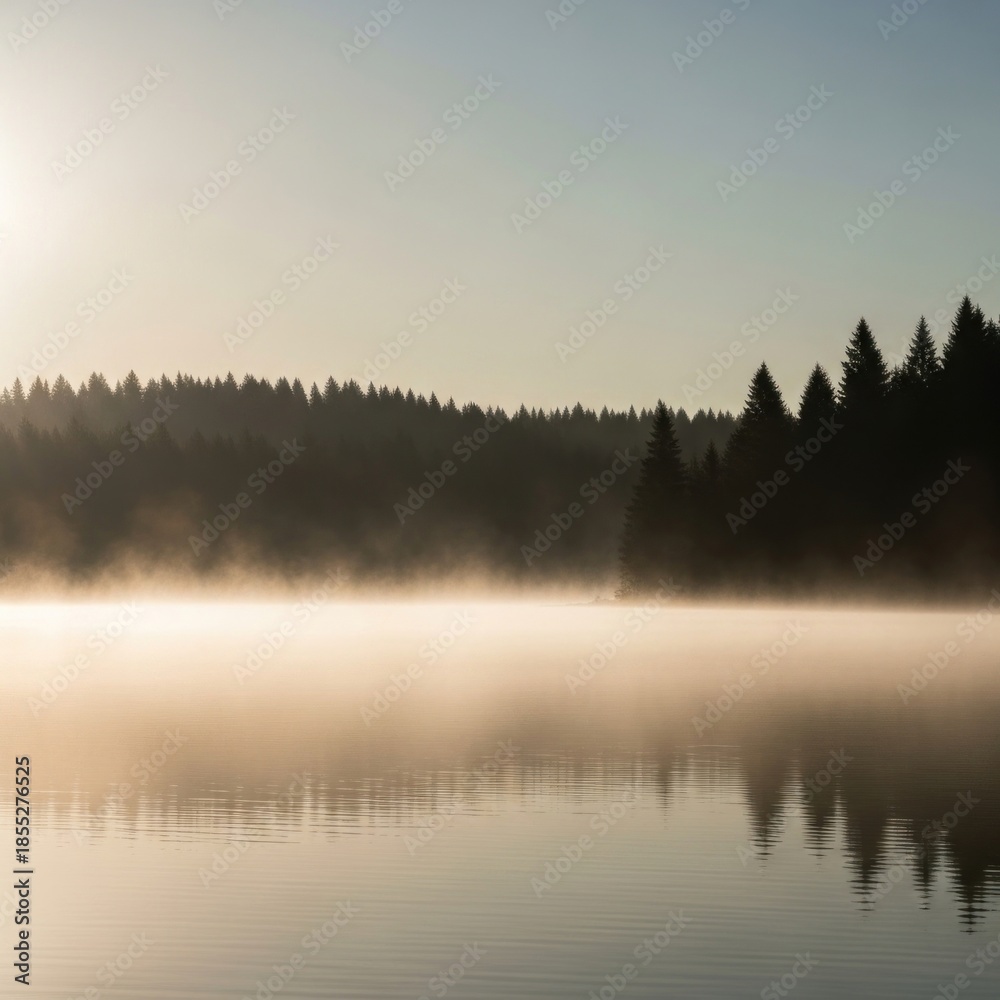 Fototapeta premium Serene Misty Lake at Sunrise with Pine Forest Silhouette Reflected on Calm Water