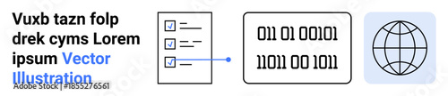 Data analysis, global connectivity, digital systems, information exchange, coding, software development. A checklist, binary code and world icon connected visually. Data analysis and global