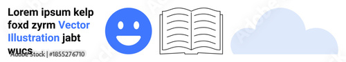 Education, communication, creativity, publishing, cloud storage, digital content. Blue happy face, open book and cloud icons next to simulated text. Education and communication concepts