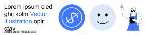 Finance, communication, positivity, business operations, work culture, team collaboration. Circular blue currency icon, happy face and worker figure. Finance and communication concept