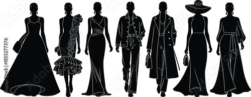 Fashion women silhouettes wearing elegant dresses coats and hats, runway models walking, luxury style female characters, black vector illustration on white background