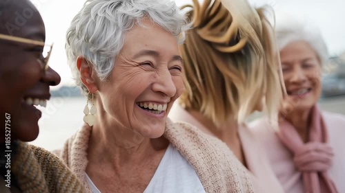 Four women are smiling and hugging each other. They are all older women. Scene is happy and warm