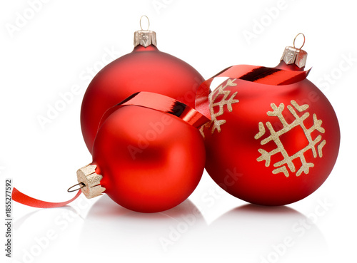 Three Christmas red decoration baubles isolated on white background