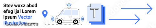 Smart transport, GPS navigation, data sharing, autonomous technology, location services, connectivity. A self-driving car, GPS pin data transfer arrows. Smart transport and GPS navigation concept