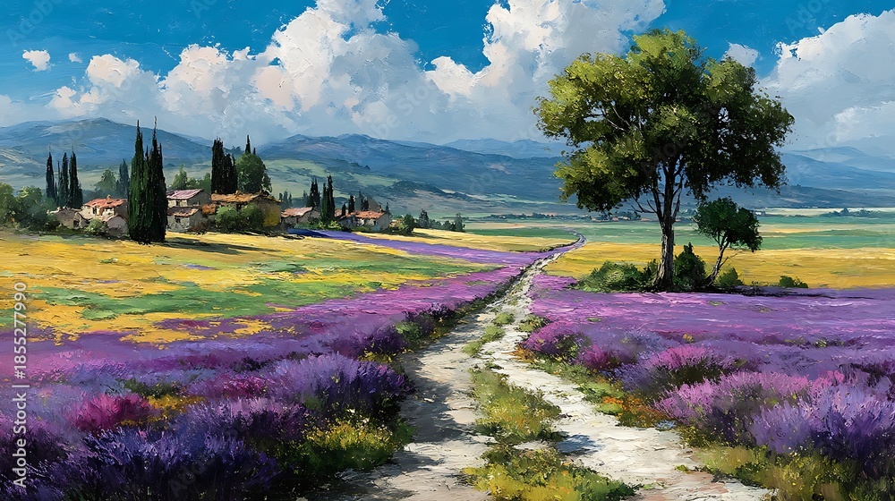 Fototapeta premium Impressionistic oil painting of a Tuscan landscape with lavender fields and cypress trees purple flowers photo