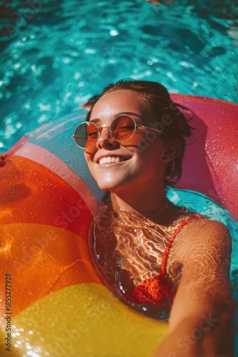Young woman in sunglasses relaxing on inner tube