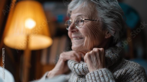 A woman in a sweater is reading a book. She is wearing glasses and has a serious expression on her face