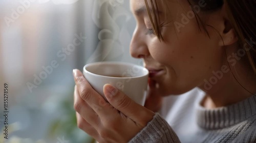 A person holding a white cup of tea. The person is wearing a gray sweater and is holding the cup with both hands. The cup is filled with tea, and the person appears to be enjoying their drink