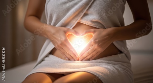 Woman's Hands Forming Heart Shape Over Glowing Belly
