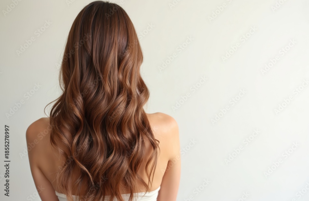 Fototapeta premium Woman displays long wavy brown hair with shiny healthy texture. This image represents hair care treatments, beauty products, and salon services. It highlights hair nourishment and styling.