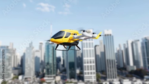 A yellow and white drone is flying over a city. The drone is a small, yellow and white model with two propellers. The drone is flying over a city with tall buildings and a clear blue sky