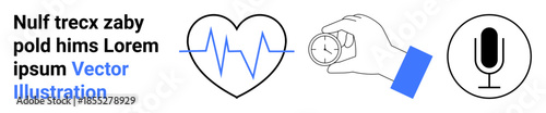 Healthcare, fitness tracking, time management, heart health, podcasting, communication tools. Heartbeat line in a heart, a hand with a stopwatch and microphone icon. Heart health and fitness