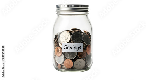 Glass jar filled with coins for savings isolated on transparent background