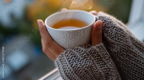 A person is holding a cup of tea while wearing a sweater. The steam from the tea is rising, creating a cozy atmosphere