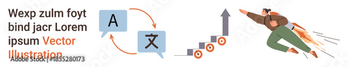 Language learning, skill improvement, business growth, productivity, success, career advancement. Speech bubbles and language symbols, growth graph person jetpacking. Language learning and skill