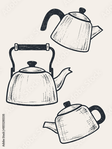 Vintage hand drawn sketch of traditional stove top kettles with textured engraving style, classic kitchenware elements for rustic home decor and tea time cafe menu concepts