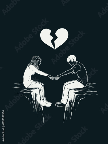 A poignant monochrome depiction of a young couple sitting on opposite cliff edges reaching for each other while a broken heart hangs above them, symbolizing love and separation