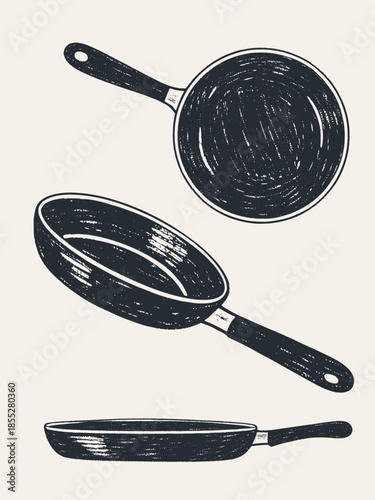Vintage linocut style frying pans set with textured hand-drawn details, black and white kitchen cookware icons showing top and side views of non-stick skillets for cooking and culi