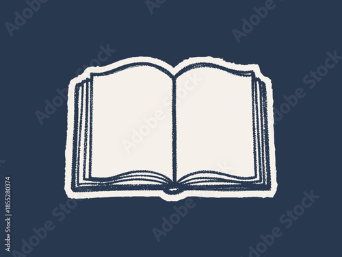 Hand-drawn open book with blank white pages on dark blue background, artistic sketch of textbook for education, learning, literature and school library concepts, minimalist style