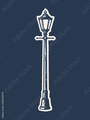 Vintage Victorian street lamp silhouette with hand-drawn texture and distressed linocut style on dark blue background, elegant antique gas light for historical city street park dec