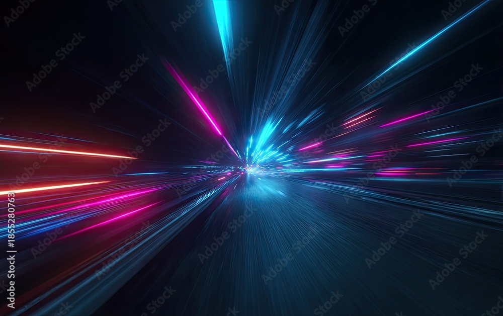 Obraz premium Abstract artwork featuring streaking neon lights radiating from a central point with motion blur