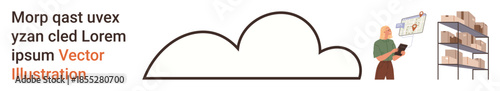 Cloud storage, warehouse logistics, inventory management, supply chain, digital tracking, online integration. A cloud symbol and person using a device near storage shelves. Cloud storage