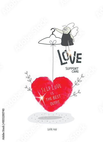 Vector cartoon sketch of Angel who who suggests dressing beautifully in love.Concept of assistance, care, philanthropy and support. Giving and sharing love, donating. Self love and care is the best ou