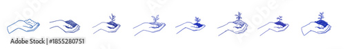 Blue marker drawings of hands holding sprouting earth concept of earth  