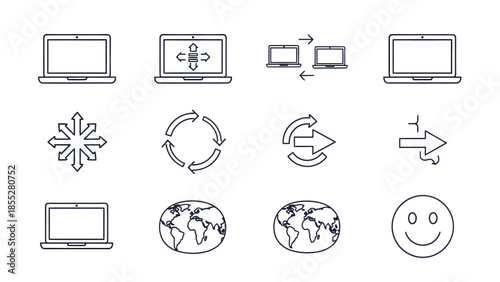 Line Icons Representing Laptops, Arrows, Globes, and Communication Concepts on White Background