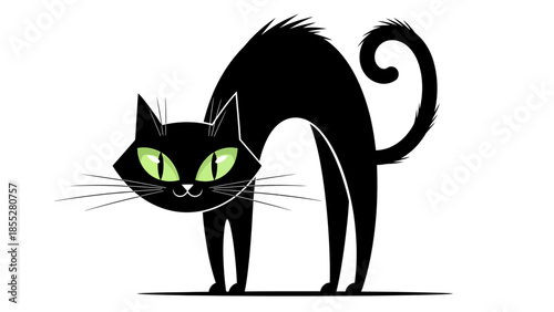 Cat with Arched Back and Green Eyes on White Background