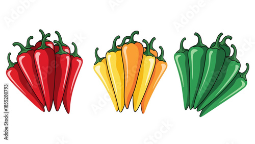Chili Peppers in Red, Yellow, and Green Arranged in Color Groups on White Background