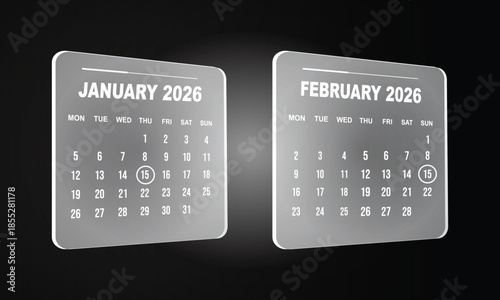 Futuristic Glassmorphism Calendar Interface for January and February 2026 Digital Dashboard Calendar UI