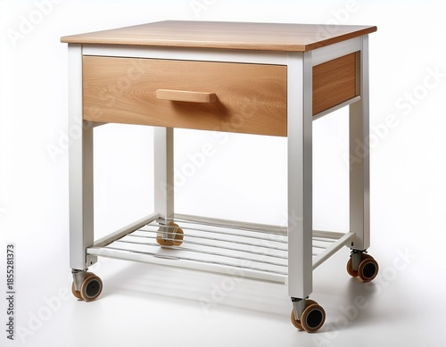 white bedside table with oak finish and adjustable height on wheels