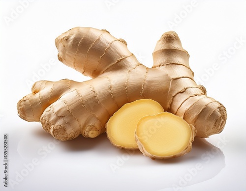 a raw gnarled ginger root and a delicate translucent thin slice isolated on a pristine white background with high key lighting and sharp focus minimalist commercial concept