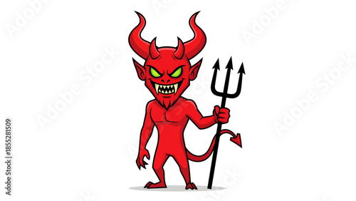Mischief Manifest Cartoon Red Devil with Trident, Horns, and Glowing Green Eyes on White Background