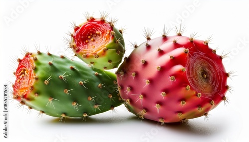 a vibrant prickly pear cactus opuntia with lush green pads and bright red fruit isolated on a white background