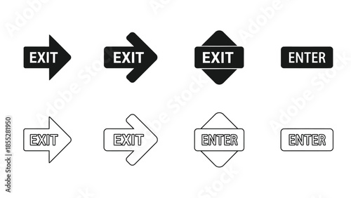 Collection of black and white exit and enter sign icons displayed