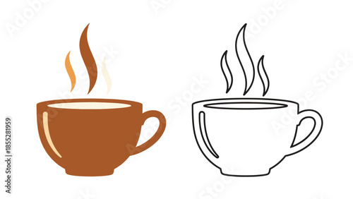 Two cups of coffee one colored and one outlined with rising steam