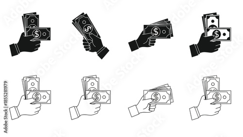 Hands holding stacks of money a collection of graphic illustrations