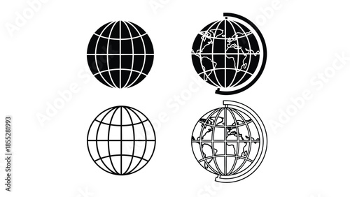 Four monochrome globe icons displaying different styles and perspectives