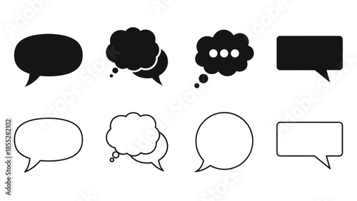 Black and white illustration of various speech and thought bubble shapes