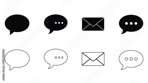 Black and white communication icons representing messages speech and email