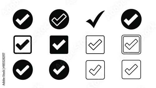 Collection of black and white checkmark icons in circles and squares