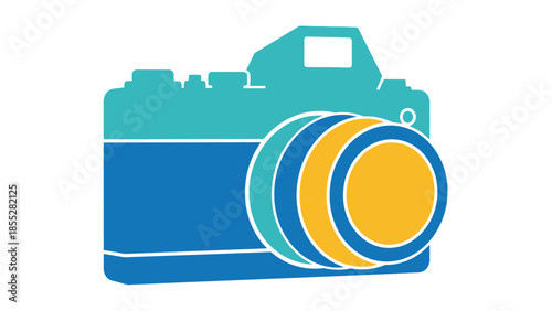 Stylized illustration of a vintage camera with a vibrant color scheme