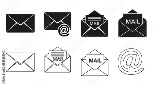 Collection of black and white email and mail related icon designs