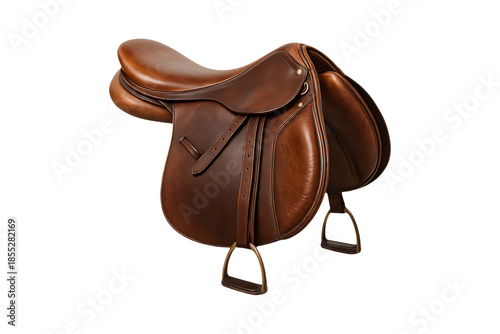 Premium Brown Leather Horse Riding Saddle with Stirrups Isolated on a Transparent Background