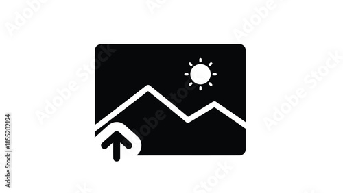 Black and white image icon depicting mountains sun and an upload arrow